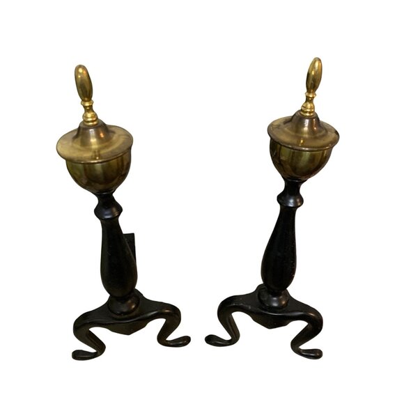 Vintage Federal Style Brass & Black Wrought Iron Andirons Log Holders Pair MCM - Picture 7 of 11
